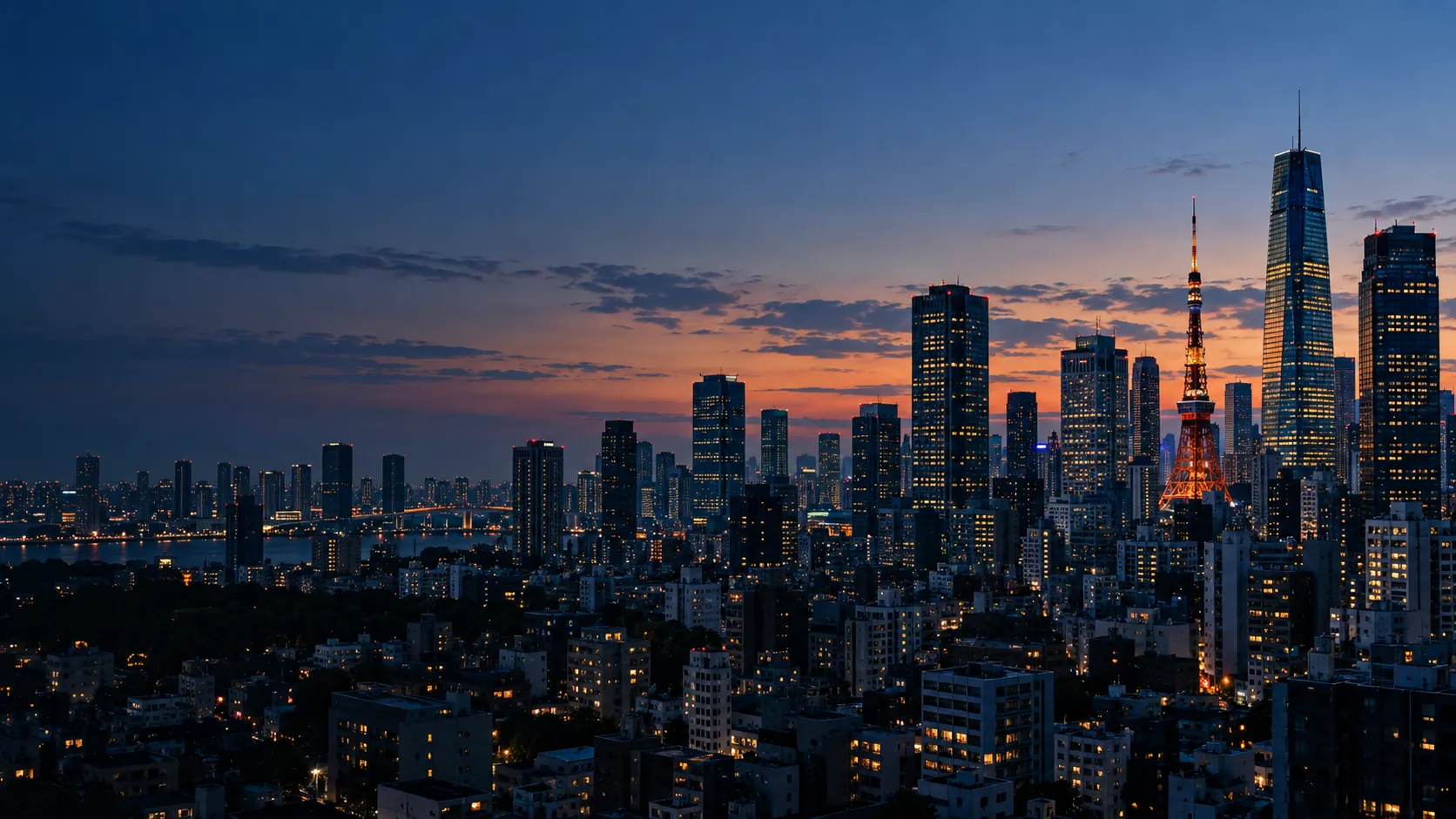 夕暮れの都市と、灯り始めたビル群